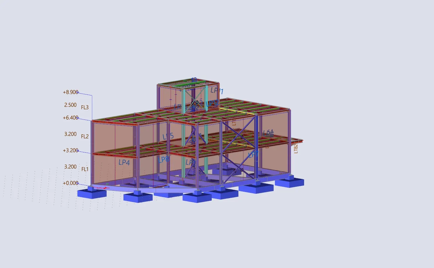 Analysis model of a two-storey steel-framed house