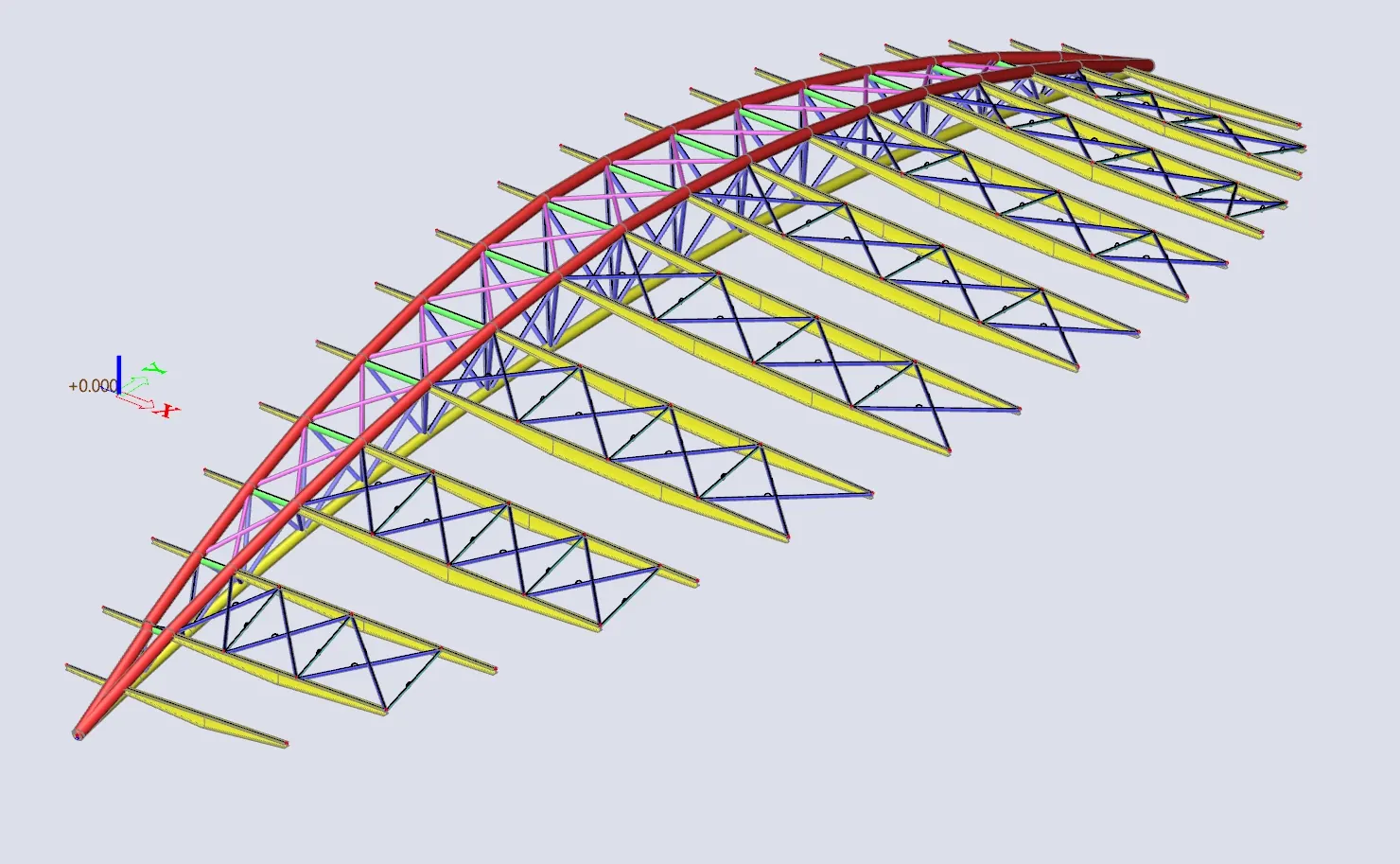 3D finite-element model of an arched space truss forming a stadium facade substructure